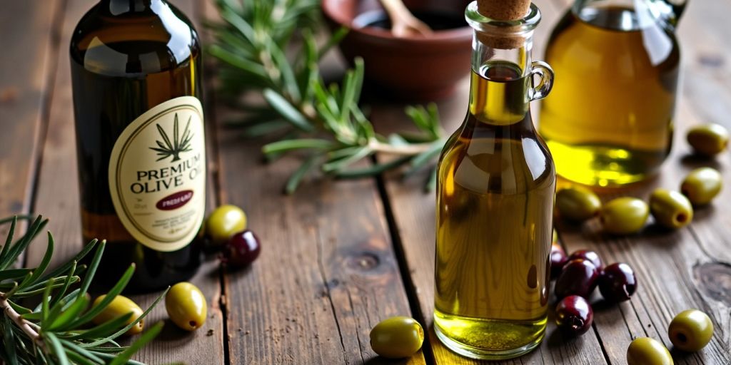 Premium olive oil with fresh olives and rosemary